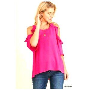 Cold-Shoulder Ruffle Blouse - Hot Pink